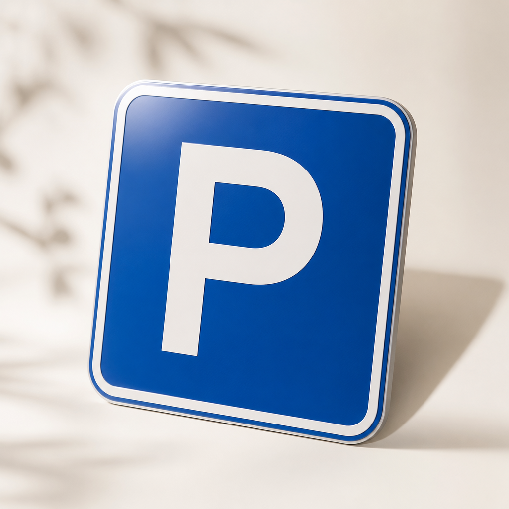 Blaues Parkplatzschild mit weißem P